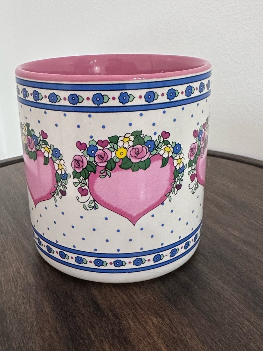 Vintage 1989 Peaches Floral Heart Coffee Mug Grandmacore Cottagecore Pink Blue - Picture 2 of 8